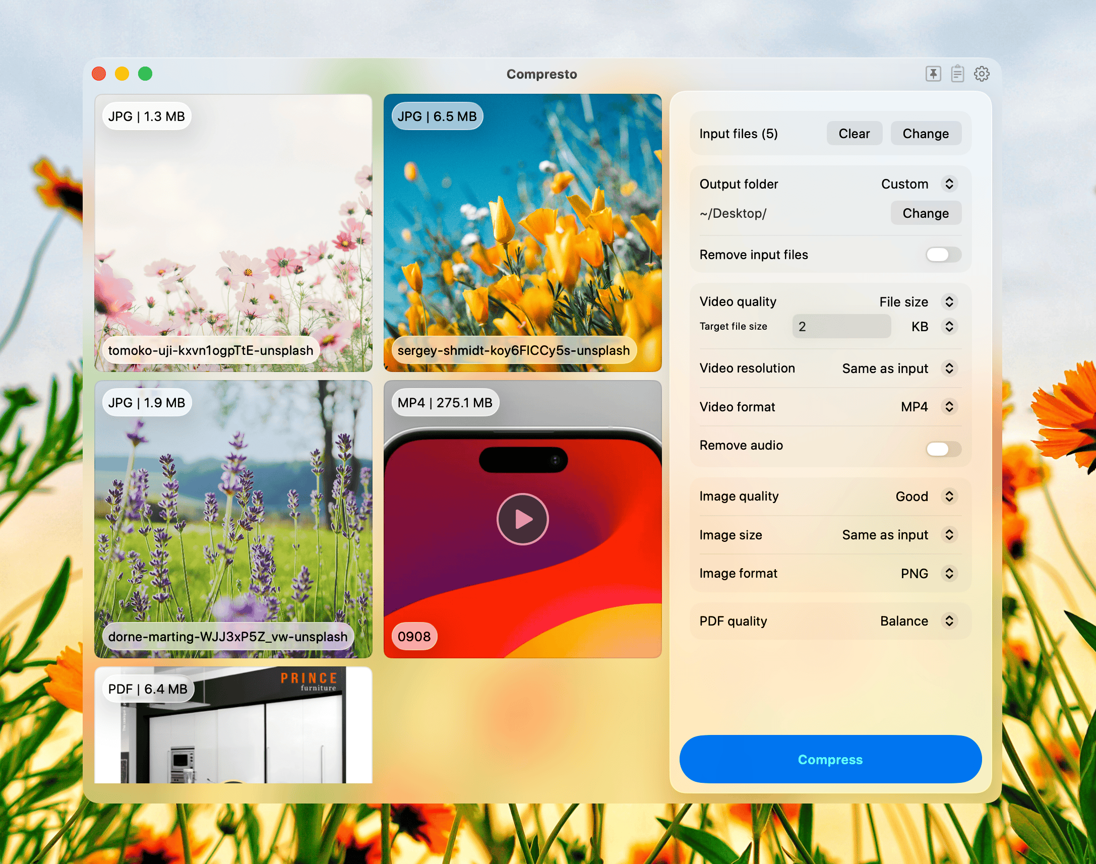 Compresto app demo showing video, image and PDF compression interface on macOS